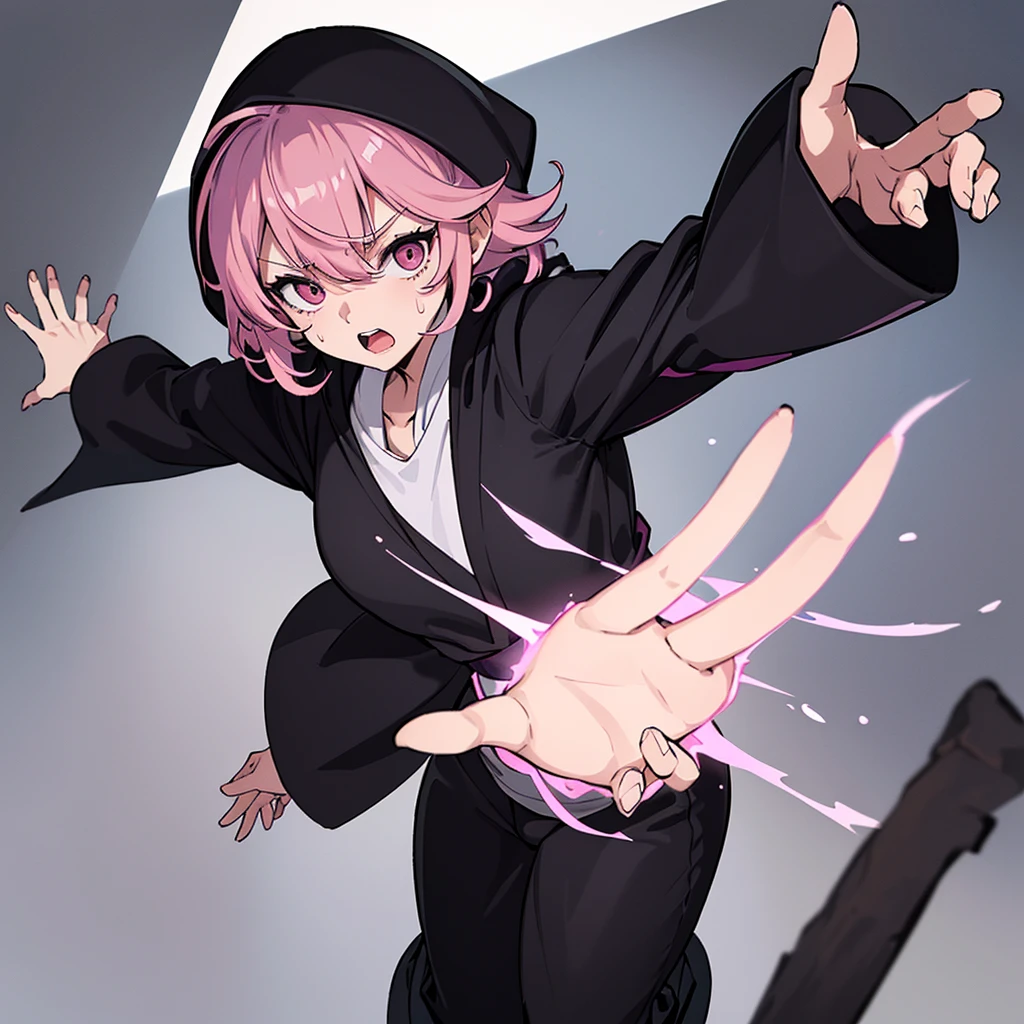 (((Solo)))、(whole body)、(From above)、Best illustrations、Best Quality、(23 years old)、(The same face:1.1),Medieval Fantasy,(White Background)、(Pink Hair、Very Short Hair、Align your bangs)、(((Wearing a black hood、Long sleeve、Black Robe、pants)))、Fighting stance、(get annoyed、Sweat、Open your mouth、Look at the top right)、Chased