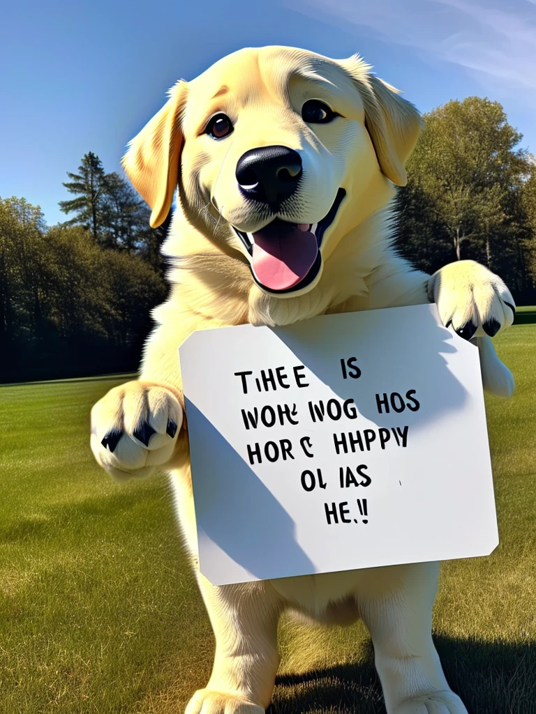 there is a dog that is holding a sign in front of him, golden retriever, happy dog, pet animal, cute dog, clean white lab background, full of golden layers, canine, holding paws, anthropomorphic dog, selfie of a dog, golden, dog, with a happy expression, showing his paws to viewer, happily smiling at the camera