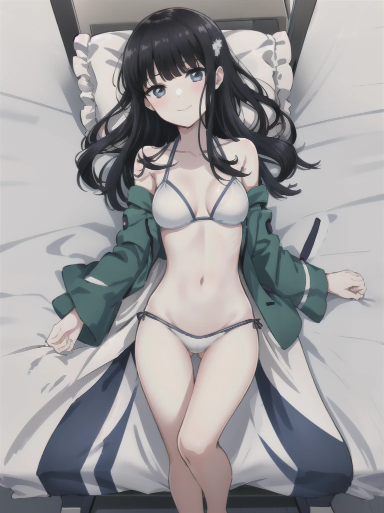 solo, 1girl, looking at viewer, 2D, anime, anime coloring, full body, (solid white background:1.3), miyuki shiba, maid bikini, porn, kiss, looking at viewer, straddle me, smile,bed room,sleep position, kiss me