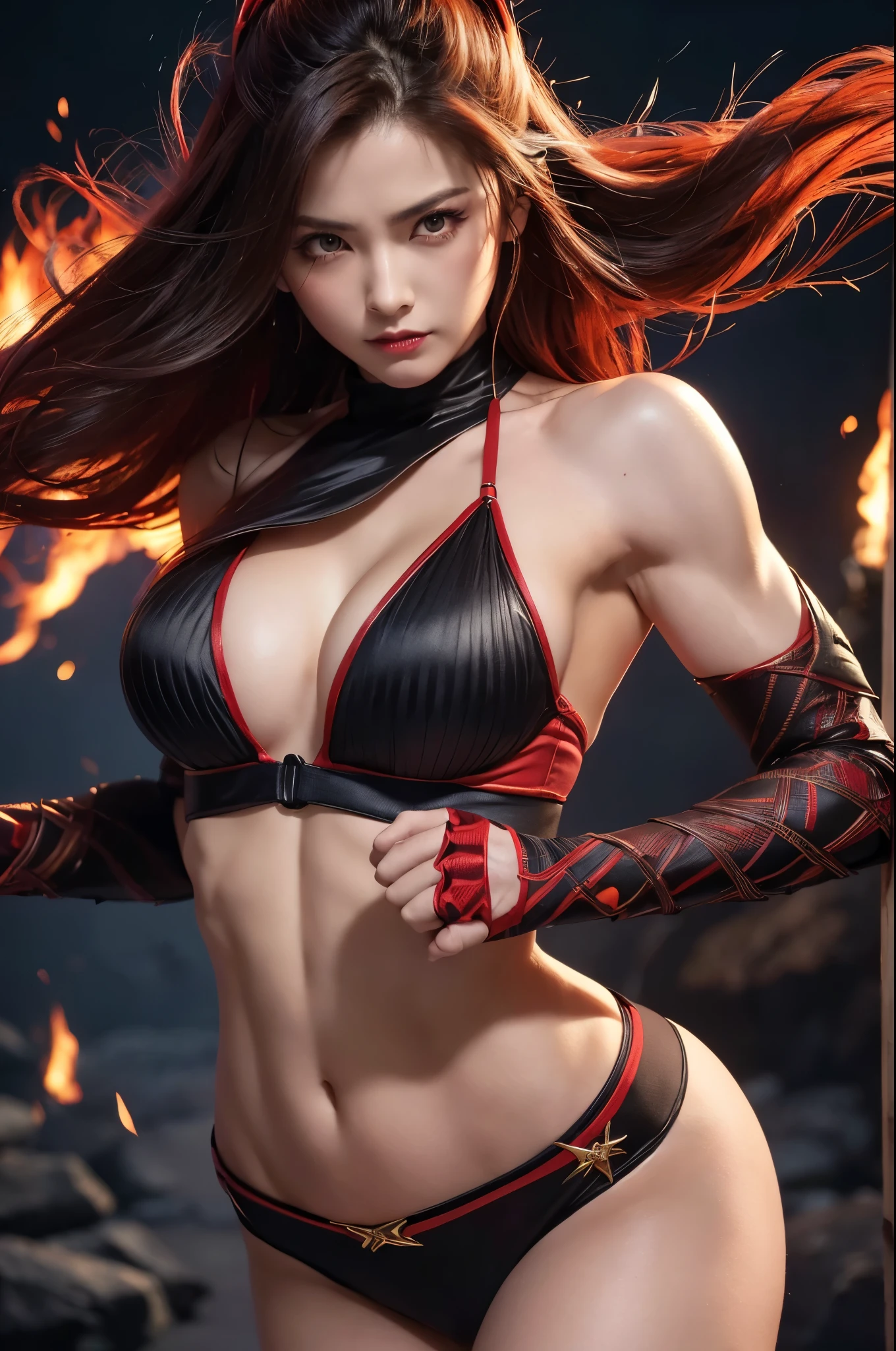 An ultra hot gorgeous European woman, age 23, she’s holding a katana. Body full of blood splash. She’s full of fury and anger.