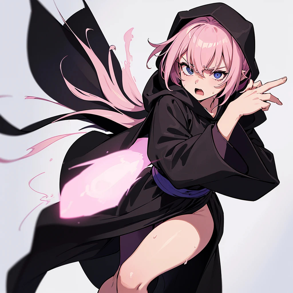 (((Solo)))、(whole body)、(From above)、Best illustrations、Best Quality、(23 years old)、(The same face:1.1),Medieval Fantasy,(White Background)、(Pink Hair、Very Short Hair、Align your bangs)、(((Wearing a black hood、Long sleeve、Black Robe、pants)))、Fighting stance、(get annoyed、Sweat、Open your mouth、Look at the top right)、Chased