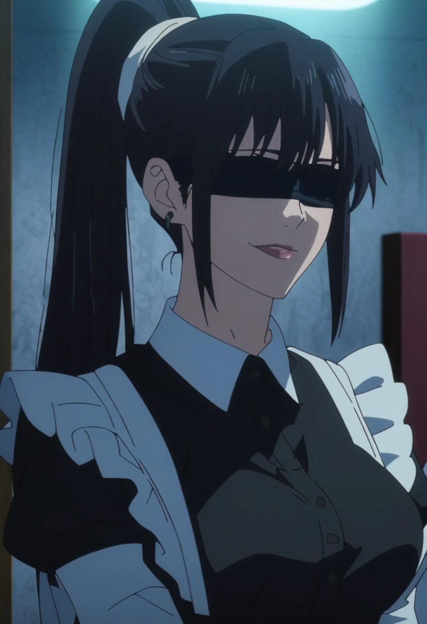 1girl, female gojo satoru, anime screencap from jujutsu kaisen, gojo satoru female version, solo, long_hair, ((wearing black blindfold)) ((Black_hair, high ponytail)), night view, (hanging breasts) upper_body, smile, indoors, book, lips, (long hair) ((wearing maid costume)) breast, "very detailed and high resolution" (black blindfold) ((solo)) (((front view))) (earings) ((high resolution)) ((good quality)) ((silky hair, high ponytail))