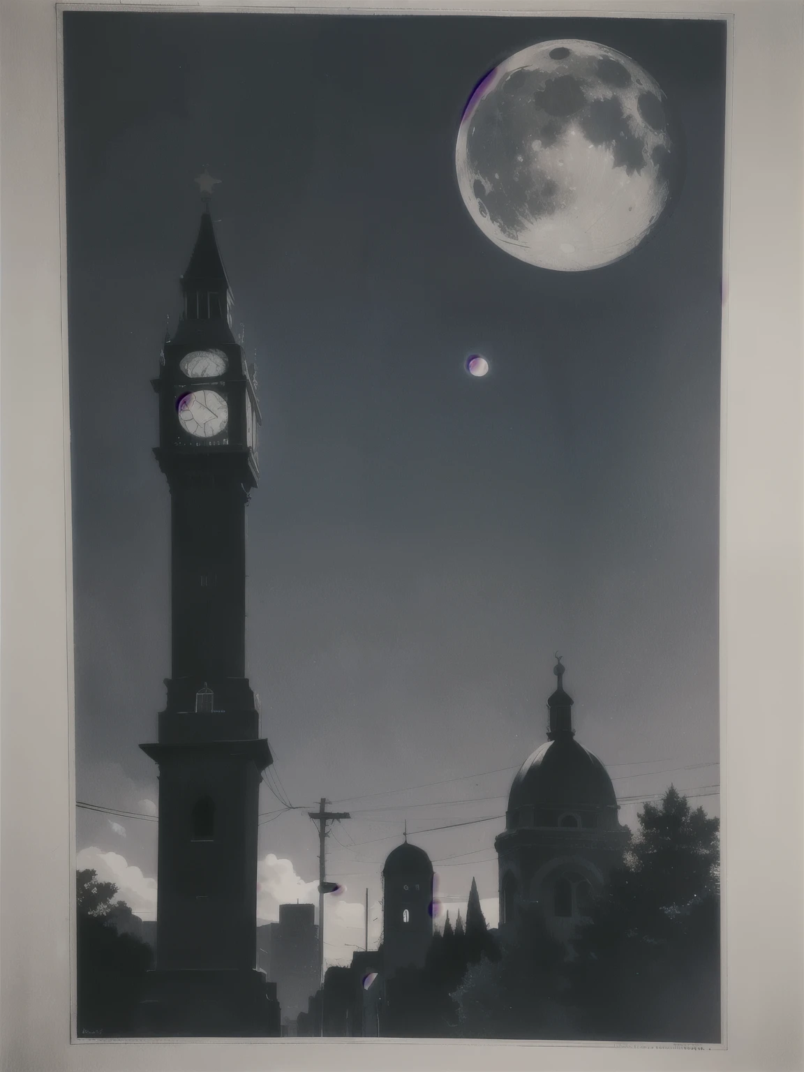 A dark moon，There is a figure next to or below the dark moon，The address is in a small town，The moon is dark blue. There is a clock tower above the figure. The figure is embedded under the clock tower or on the street.，The hour hand points to 12 o&#39;clock，Then add some blur color deviation，Makes people feel suspenseful
