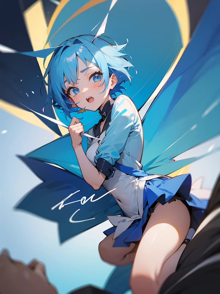 Anime girl short blue hair ,fulfilling years,celebrating birthday,pov pelvis
