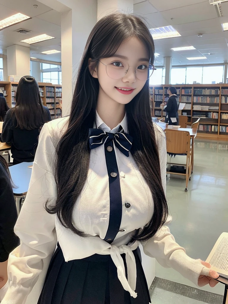 (A photo of a super cute Korean high school girl wearing foggy glasses walking while reading a book:1.2)(grin,Smile)(Beautiful Sweat:1.1)(16K, RAW Photos, Highest quality, masterpiece: 1.2),(Shiny black hair) Super detailed, Super Resolution, (Genuine, Genuine photos: 1.37), Portraiture, High-resolution RAW color photos, Professional photos, Very detailed, 8k wallpaper, Very detailed CG Unity 8k wallpaper, Very detailed beautiful girls, Very detailed faces, ((whole body)), beautiful woman, Huge breasts,(huge boobs:1.1) (Big Boobs:1.1), Beauty college student (Girly sailor-style winter  with ribbon),high school girl, Korean Girls,(K-POP Female Idols), (Idol-class beauty)(Beautiful high school girl:1.1)(Warm Library)(18-year-old)(Stylish school uniform-style outfit:1.1),,foggy glasses(foggy glasses:1.3)from side,Knee-high socks