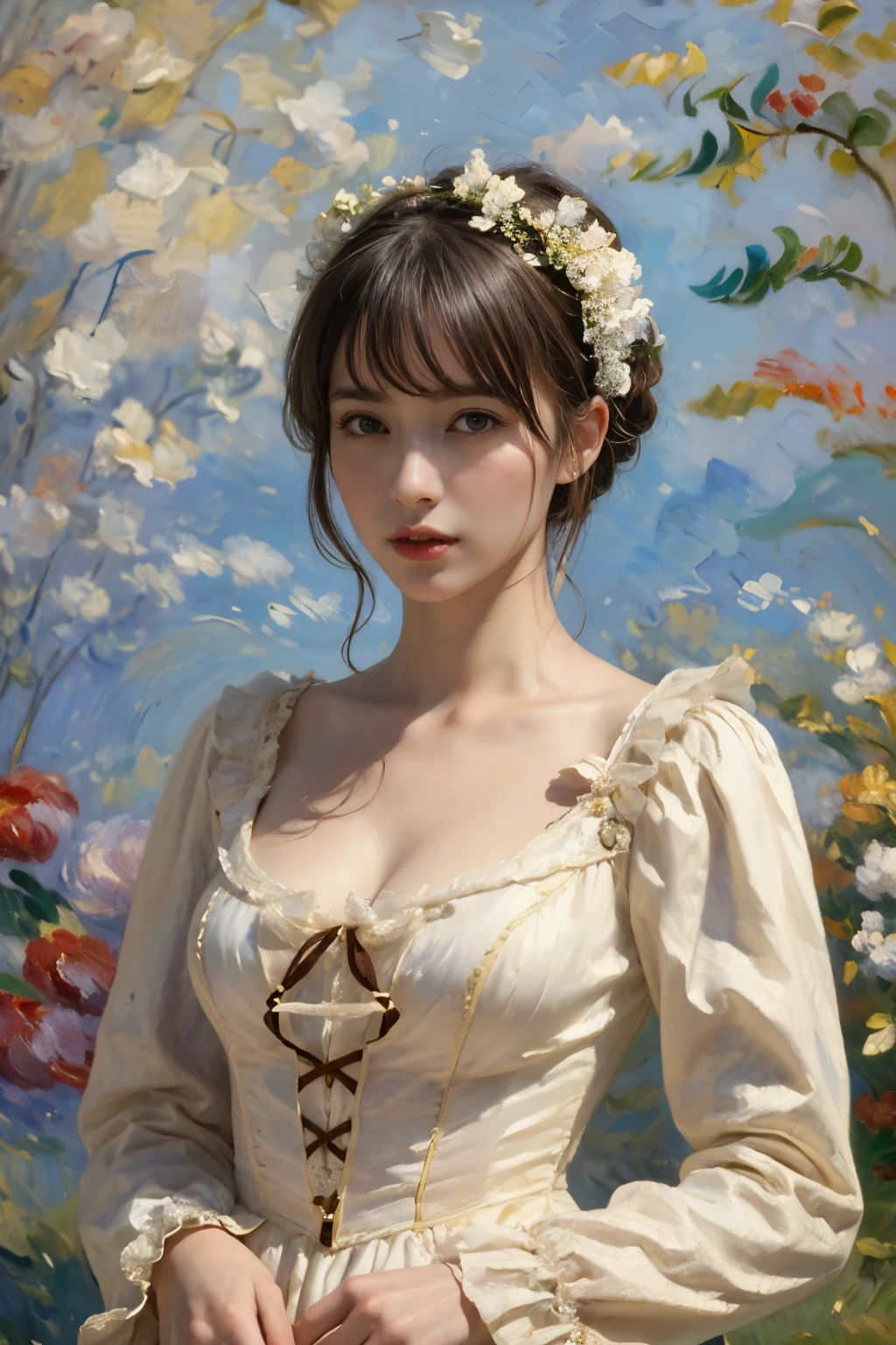 
((masterpiece:1.4, Highest quality)), (Realistic photos:1.4), 
((1 girl)), (Otherworldly beauty), (dream-like),
(Ultra high resolution:1.2), Very delicate and beautiful, wonderful, Very detailed CG Unity 8k wall paper, Very detailed, High resolution, 
Soft Light, Beautiful detailed girl, Very detailed eyes and face, Beautiful and detailed nose, Beautiful and detailed, 
(Dressed in late 19th century French costume:1.3),
Cinema Lighting, Perfect Anatomy, Slender body, (Parted bangs),
(The world of impressionist paintings:1.5), (Impressionist light and colour), 
Cowboy Shot