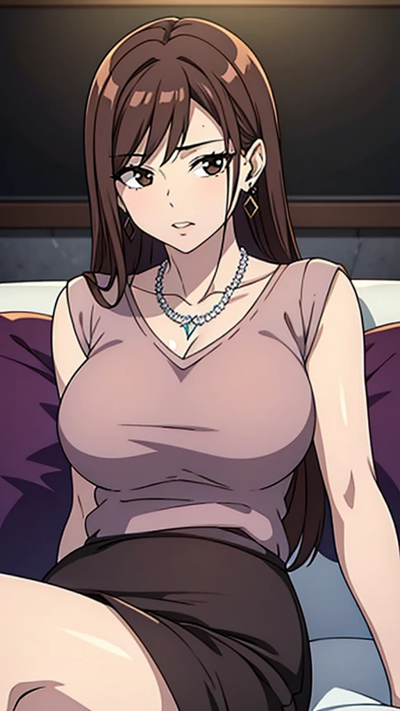 best quality, (masterpiece:1.2), highly detailed, indoors, sitting, on couch,
1girl, solo, gotou airi, one mole under eye,
looking at the viewer, large breasts, seductive face , mature female,
brown eyes, brown hair, long hair, necklace, earrings, purple shirt, pencil skirt, collarbone, crossed legs