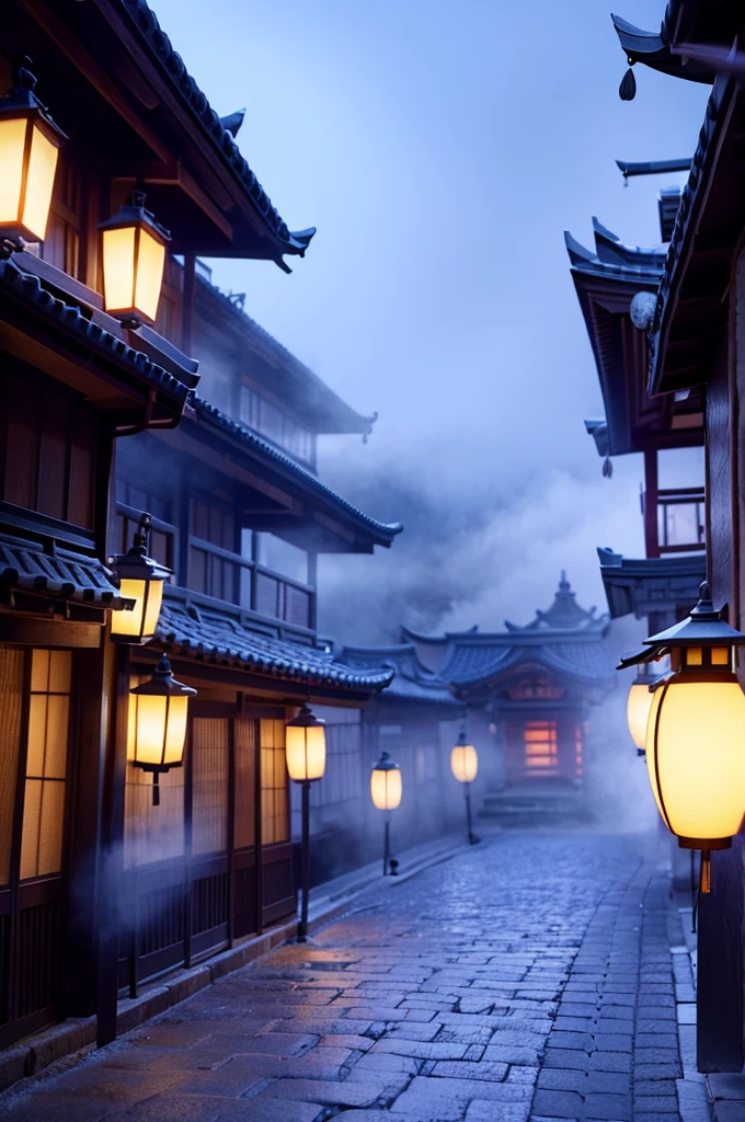 a ghost samurai village, photorealistic, 8k, highly detailed, intricate, cinematic lighting, dramatic shadows, moody atmosphere, blue glowing lanterns, cobblestone streets, traditional japanese architecture, fog, moonlight, realistic textures, cinematic composition