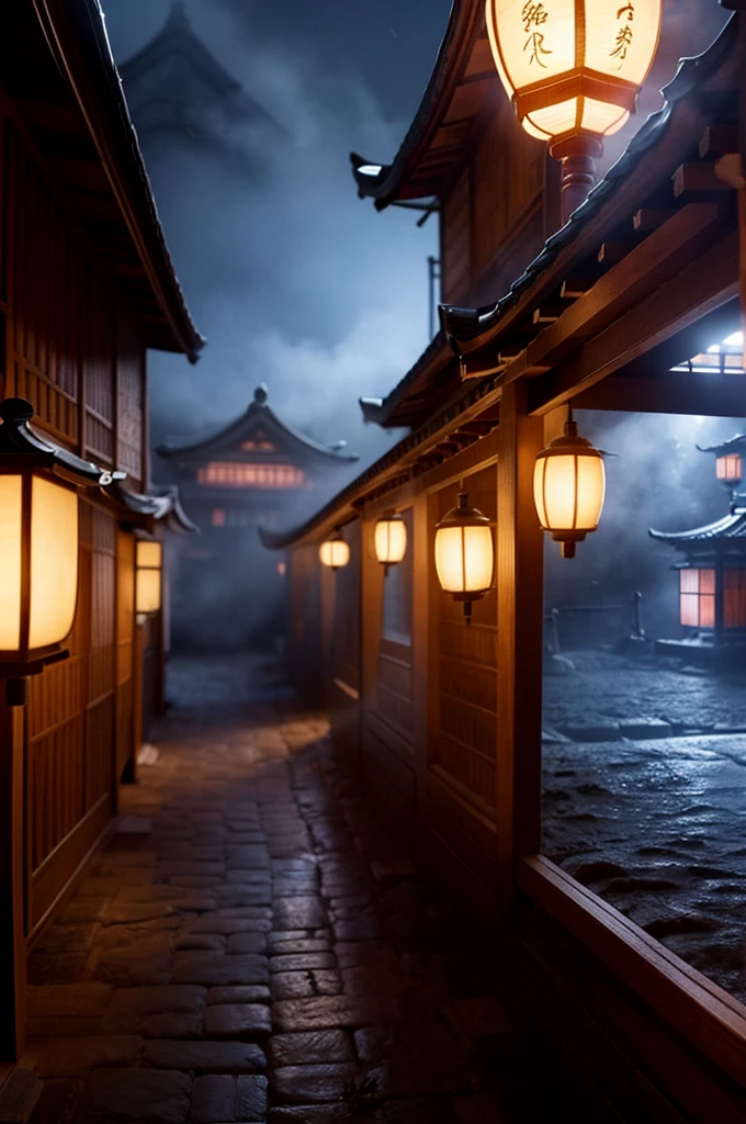 a ghost samurai village, photorealistic, 8k, highly detailed, intricate, cinematic lighting, dramatic shadows, moody atmosphere, blue glowing lanterns, cobblestone streets, traditional japanese architecture, fog, moonlight, realistic textures, cinematic composition