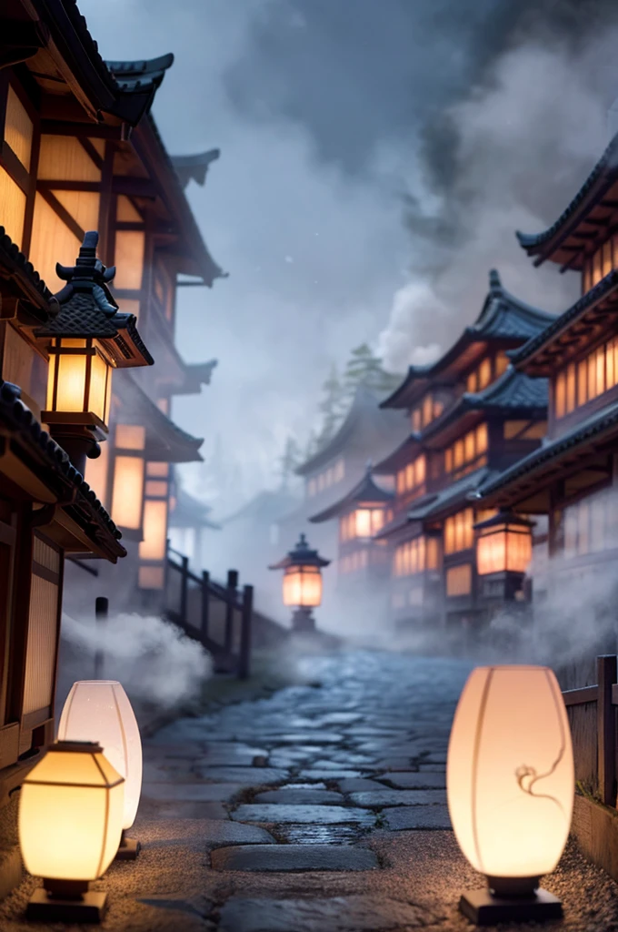 a ghost samurai village, photorealistic, 8k, highly detailed, intricate, cinematic lighting, dramatic shadows, moody atmosphere, blue glowing lanterns, cobblestone streets, traditional japanese architecture, fog, moonlight, realistic textures, cinematic composition