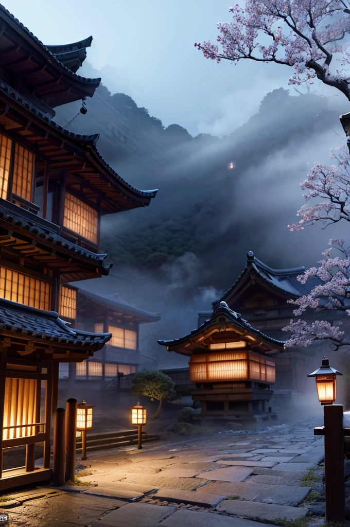a ghost samurai village, photorealistic, 8k, highly detailed, intricate, cinematic lighting, dramatic shadows, moody atmosphere, blue glowing lanterns, cobblestone streets, traditional japanese architecture, fog, moonlight, realistic textures, cinematic composition