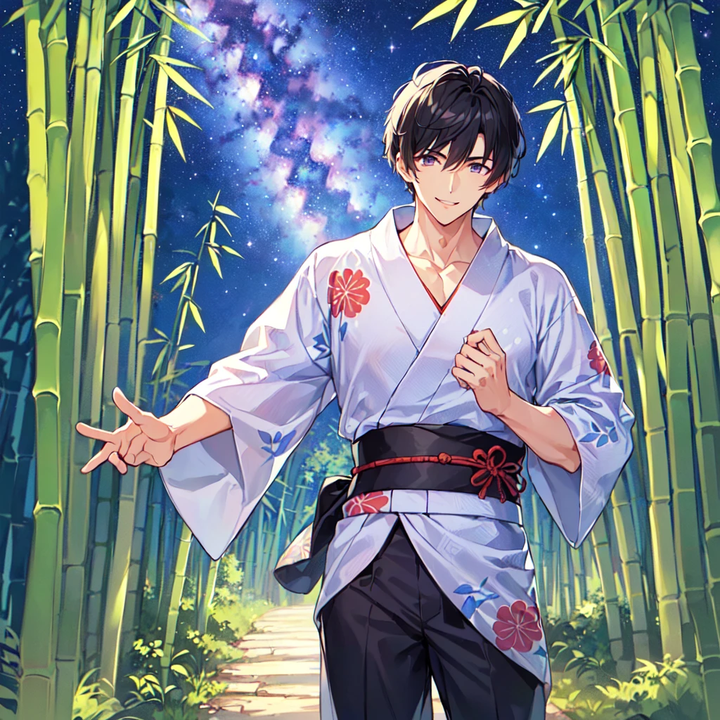 masterpiece,best quality,high quality,(1 male austere handsome solo adult age 30:1.5), purple eyes, cool with drooping eyes, V-shaped eyebrows, body strong and fearless 8.5 head tall, height 185cm, (well-groomed short black hair down to neck:1.4), (bangs 7 thirds parted:1.4), slender nose, facial muscles, throat, (Japanese print summer yukata with short sleeves and pants:1.3), (stylish pose), (cool smile:1.3), (bamboo forest in background:1.3), (Milky Way Night Sky: 1.3)