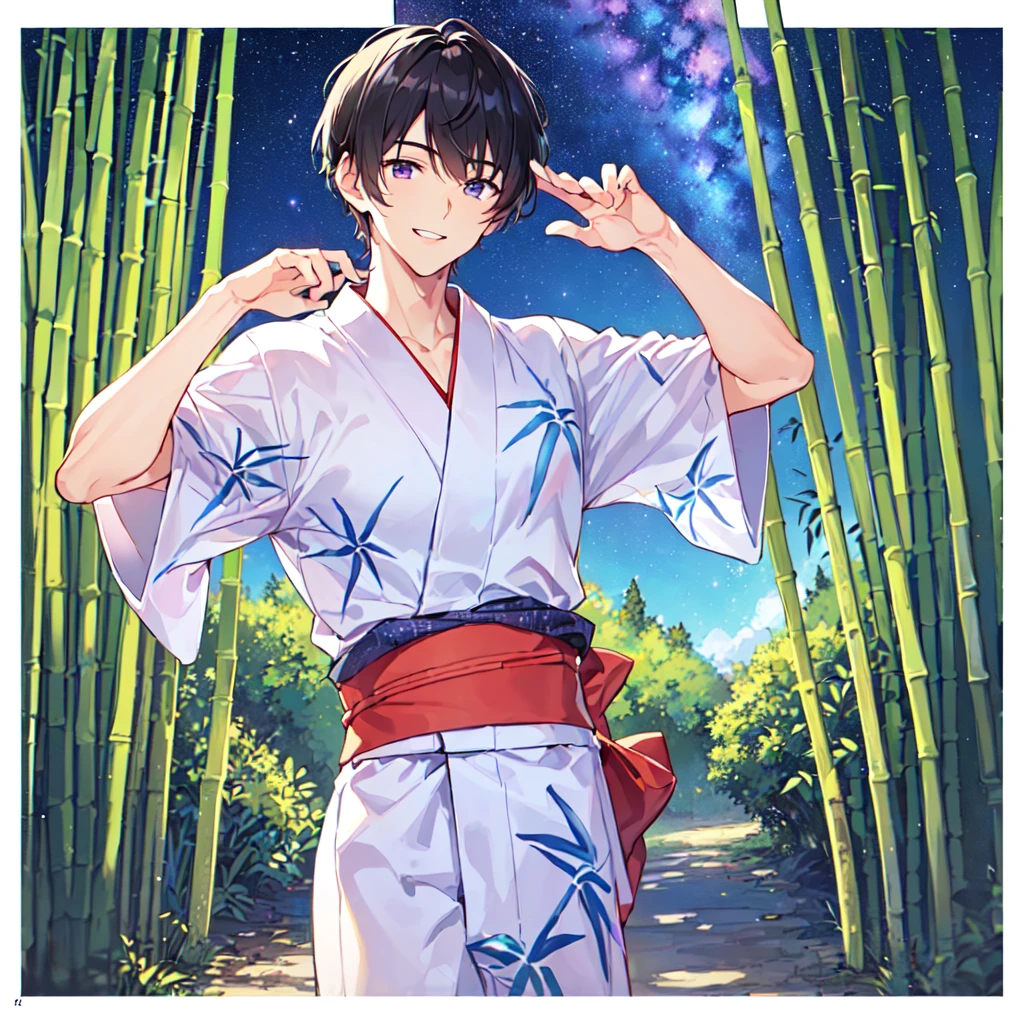 masterpiece,best quality,high quality,(1 male austere handsome solo adult age 30:1.5), purple eyes, cool with drooping eyes, V-shaped eyebrows, body strong and fearless 8.5 head tall, height 185cm, (well-groomed short black hair down to neck:1.4), (bangs 7 thirds parted:1.4), slender nose, facial muscles, throat, (Japanese print summer yukata with short sleeves and pants:1.3), (stylish pose), (cool smile:1.3), (bamboo forest in background:1.3), (Milky Way Night Sky: 1.3)