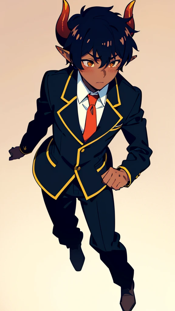 (1boy,18 years old,solo),((dark skin)),short hair,hair between eyes,black hair,elf ears,(horns),orange eyes,(no background, simple background),red necktie,black jacket, blazer,long sleeves,pant,walking,(from above),shy,blush