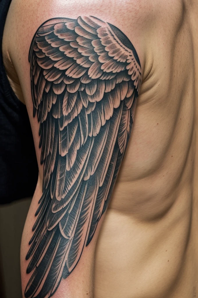 Shoulder tattoo of angel wings with MD initials