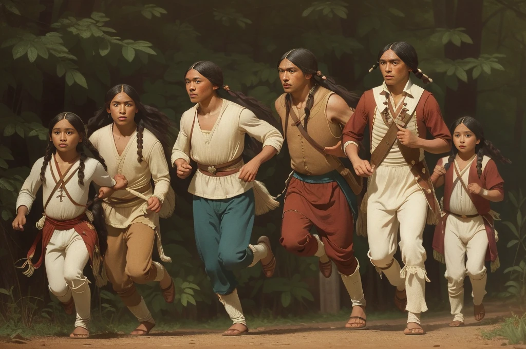 year: 1828. Location: Illinois. Pre-Raphaelite scene with native american people, sauk native american, escaping, running away, war victims, scared children, ((((Clothing from the 1820s)))) ((Hairstyle of the 1820s)), ((("OMITB" cinematography)))