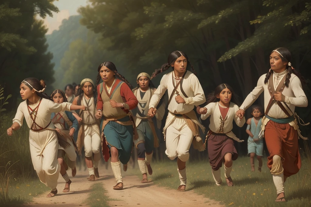 year: 1828. Location: Illinois. Pre-Raphaelite scene with native american people, sauk native american, escaping, running away, war victims, scared children, ((((Clothing from the 1820s)))) ((Hairstyle of the 1820s)), ((("OMITB" cinematography)))