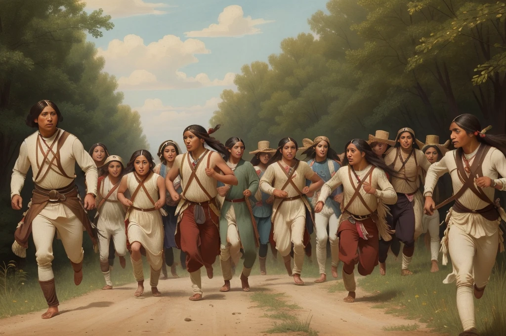 year: 1828. Location: Illinois. Pre-Raphaelite scene with native american people, sauk native american, escaping, running away, war victims, scared children, ((((Clothing from the 1820s)))) ((Hairstyle of the 1820s)), ((("OMITB" cinematography)))