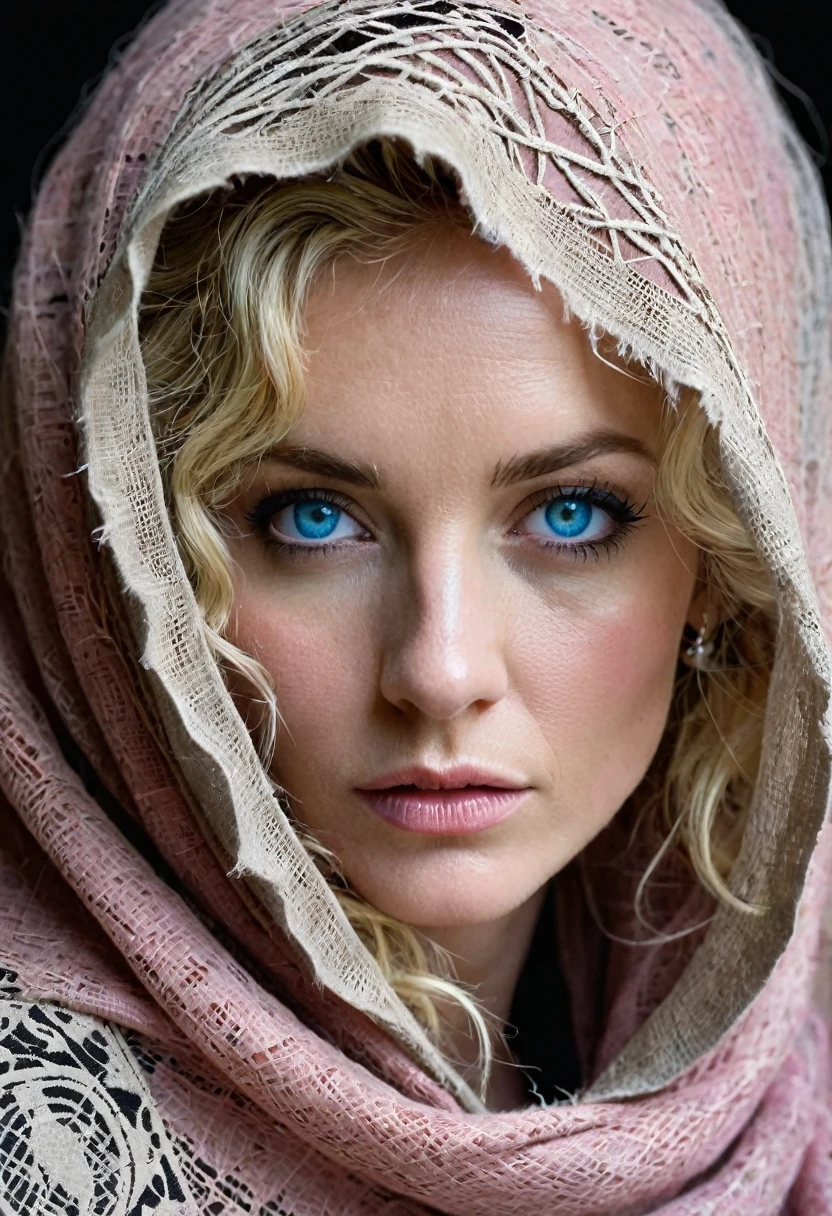 “Creative Anarchy”: Portrait of a blonde, short-curly woman wrapped in layers of faded pink burlap, adorned with intricate ancient writing resembling hieroglyphics. The woman has realistic piercing blue eyes that stand out against the fabric that covers the lower half of the face, with the upper half shaded by the hood. The hood is frayed and weathered, giving the impression of age, and threads hang loosely at its edges. The fabric surrounding the woman has a rough, textured appearance, and cobwebs subtly connect different areas, suggesting abandonment or the passage of time. The overall color palette is monochromatic, dominated by shades of gray and white. The composition is vertical, with the focus on the mysterious eyes that look directly at the viewer, 3D image