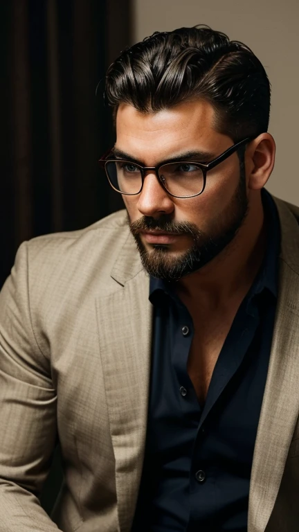 In a dark, moody room with dim lighting, a well-built, large man with a lightly tanned complexion and a slightly rounder face is seated. He has short, very curly dark hair, well-cut and shorter on the sides, and wears glasses with rectangular frames. His facial expression is intricate and captivating, with a well-groomed beard and captivating eyes. He is dressed in a suit without a tie, his shirt buttoned to the neck, and he sports a gold watch. The man is standing in room with a glossy texture. The image should be photorealistic, with vibrant colors, high-resolution quality, and dramatic shadows and highlights, adding a hint of mystery to the atmosphere. The overall composition should be tasteful and artistic, capturing the mood and setting without explicit content.