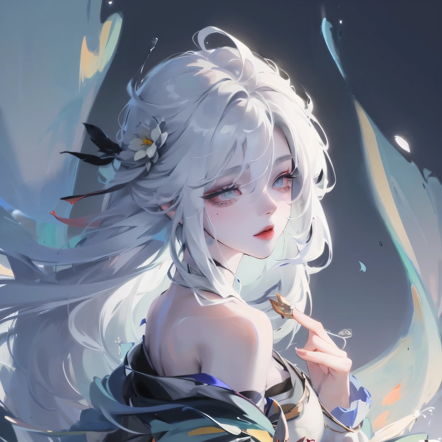 1 Girl,Solitary,1 Girl,Solitary,((Beautiful and delicate eyes)), (Detailed lighting),Depth of Field,(White hair),Silver Eyes,Hair covering one eye,(safflower ), Flowering,Long hair,Black cape,wet,callous,look back,night,Starfall,rain,FOG,safflowers falling,sketch,Upper Body,Strong shadows,