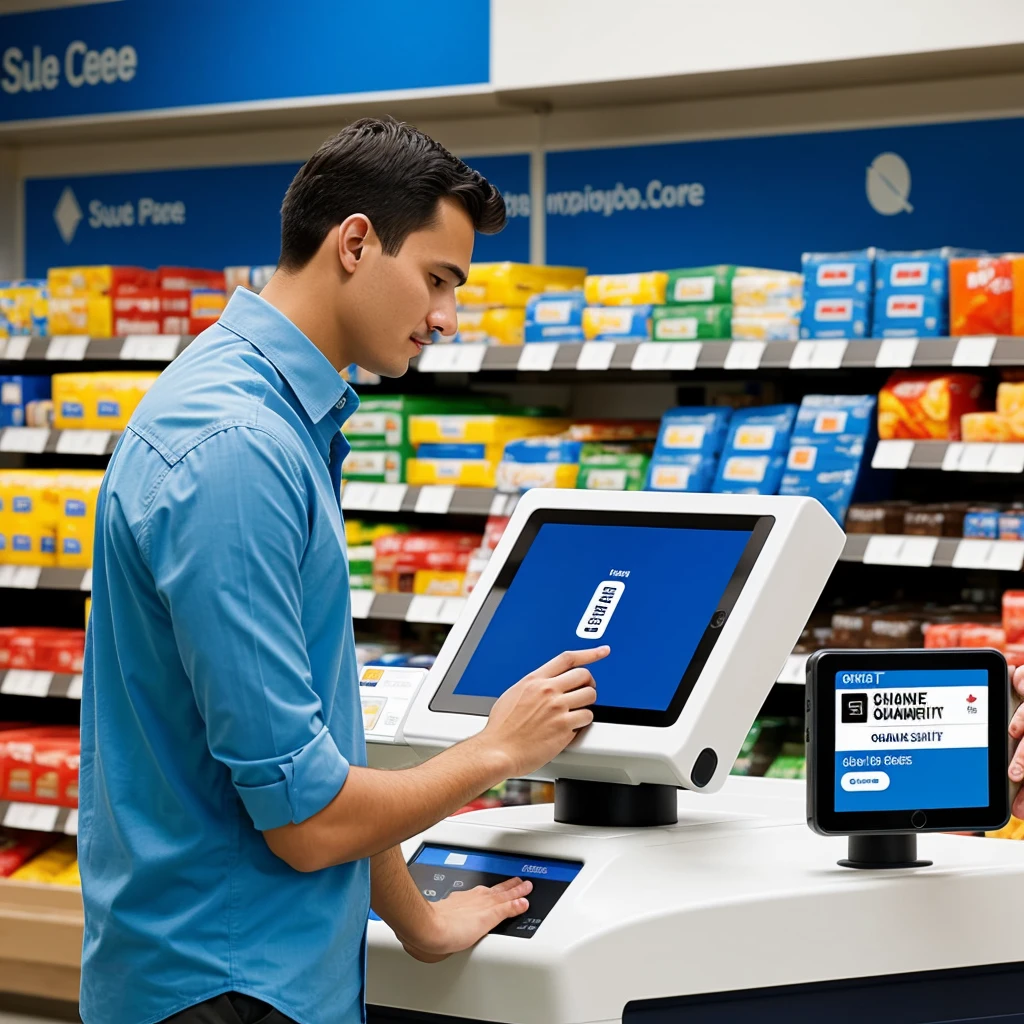 ((Best Quality)) An employee using the point of sale system in a store. blue backgrounds, let it be seen that he is charging