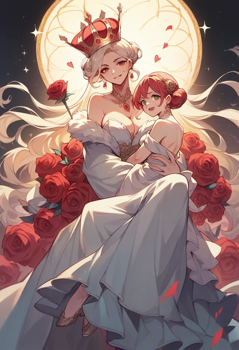 Create an ultra-realistic image of a giant crown that is extremely sparkling, bright and vibrant red, sparkling, bright and vibrant rose..
The crown is a side back.
A beautiful girl carries a sparkling and intricate robe and on her head is an elegant women&#39;s hat with wide brims that cover the upper part of the face, with the words: "the Queen" With clear, prominent writing and Ultra HD 64k cinematography  

