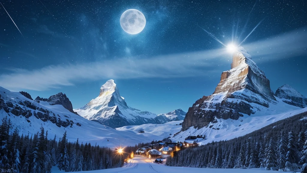 (realisitic, fotorrealisitic:1.4), beautiful illustration,Matterhorn, winter scenery, Starry sky, fullmoon