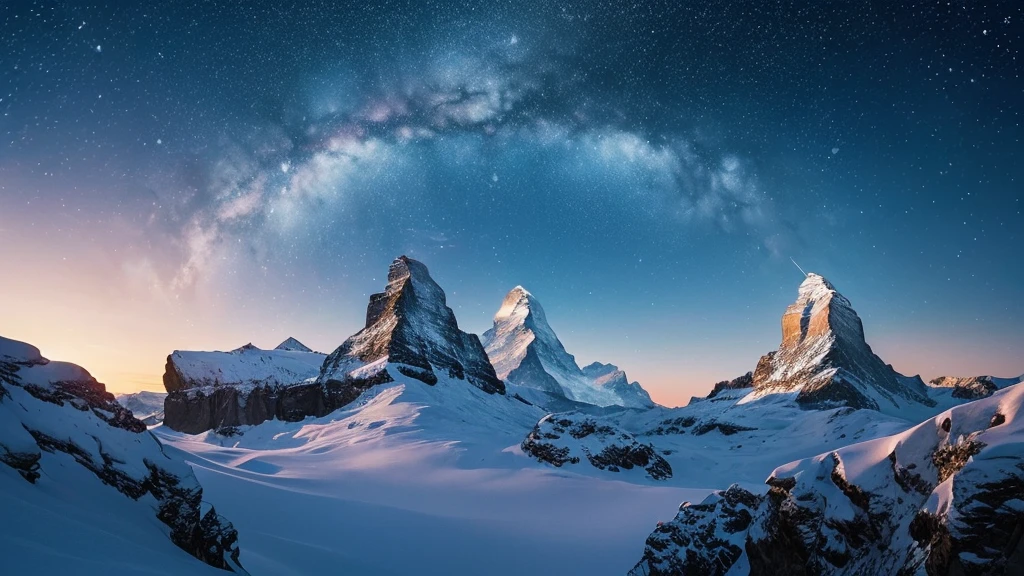 (realisitic, fotorrealisitic:1.4), beautiful illustration,Matterhorn, winter scenery, Starry sky, fullmoon