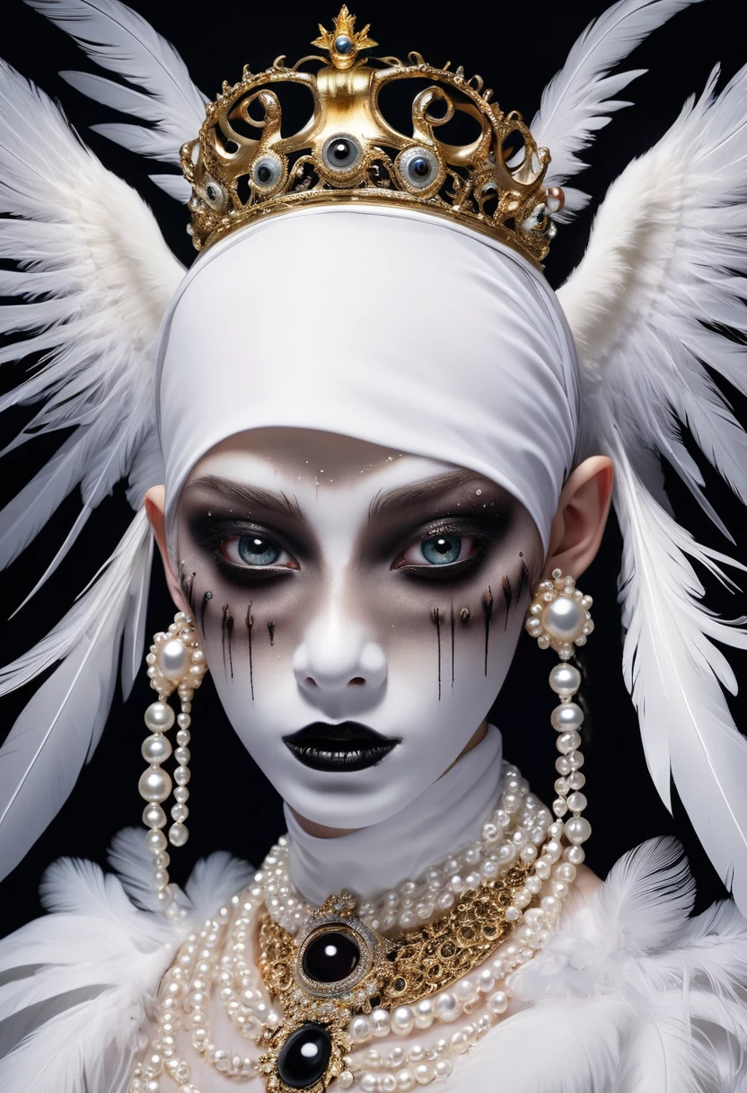 (masterpiece, best quality:1.2),Grotesque Aesthetics:1.56，Thriller， Ugly faceless person，There are many eyeballs growing on the skin of the face，teeth， Solitary，black background，crown，veil，hand，Pearl Necklace，Feather wings