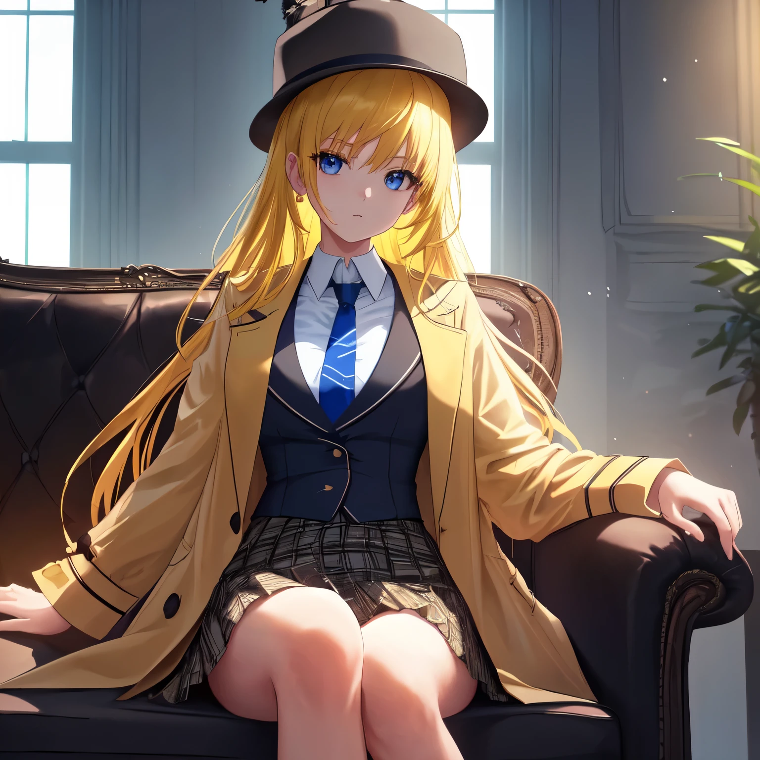 8k, highres, 1girl, 18 years old, beautiful skin texture, ultra detailed face, ultra detailed eyes,( immersive ambience, chiarosscuro, bright light, glow lighting), delicate facial features, medium beasts, blue eyes, yellow hair , black trench coat, white suit, checked skirt, necktie, brown deerstalker hat, sitting on sofa, crossedleg, serious, indoors, High-quality animation style presentation, Beautiful and extremely fine texture, high contrast, sunlight from window