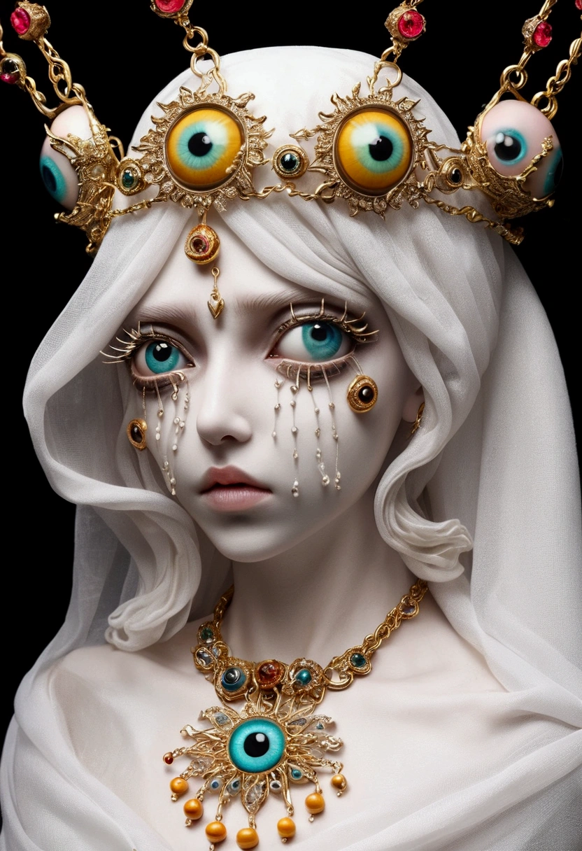 Grotesque Aesthetics：One-eyed sculpture，Tears，There are many eyeballs growing on the skin of the face，Eyeball Necklace，Eyeball Crown，Realistic eyeballs，teeth，Distorted face， Solitary，black background，crown，veil，Hands touch your face，3D eye bead necklace，
