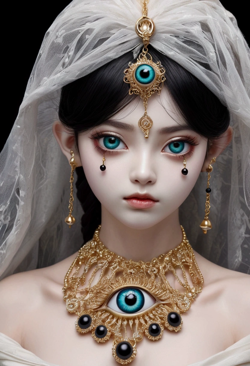 Grotesque Aesthetics：One-eyed sculpture，Tears，There are many eyeballs growing on the skin of the face，Eyeball Necklace，Eyeball Crown，Realistic eyeballs，teeth，Distorted face， Solitary，black background，crown，veil，Hands touch your face，3D eye bead necklace，
