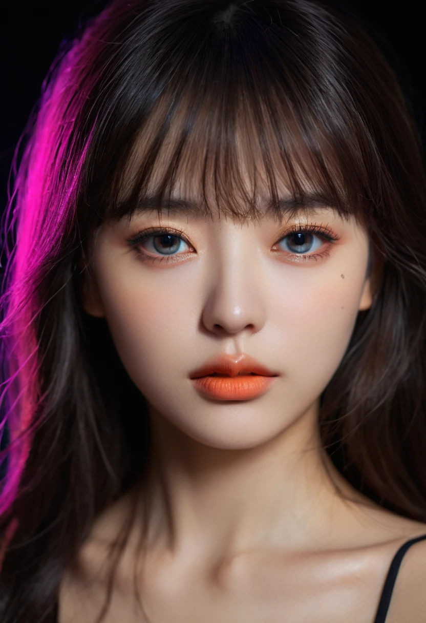 8k, best quality, 1 Girl, (Skin Indentation), night, (dark), Indoor clear background, (people), Beautiful bangs, Gorgeous,, (Clothing and:1.3),Soft lighting, attractive, dark Room, (mouth close:1.2, beautiful eyes, Delicate eyes, Detailed iris, Beautiful lips, Beautiful nose, Pretty Face),(primary color:1.5),Ambient Light,(Neon light:1.3)