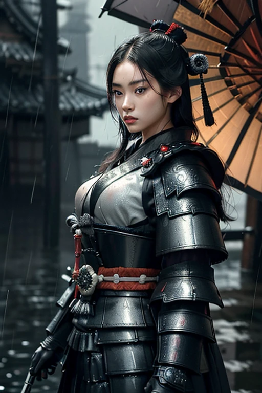 A samurai girl, clad in traditional armor with intricate designs, her long, lustrous black hair plastered against her shoulders due to the relentless rain, her determined blue eyes peering through the downpour. She stands tall, her posture exuding a sense of strength and resilience, the rain droplets highlighting the shine of her armor, creating a captivating contrast against the dark and dreary backdrop. ((samurai theme:1.3)) ((rainy weather:1.2)) ((historical setting:1.4)) ((deep focus:1.2)) ((high quality, masterpiece:1.3)),((detailed armor:1