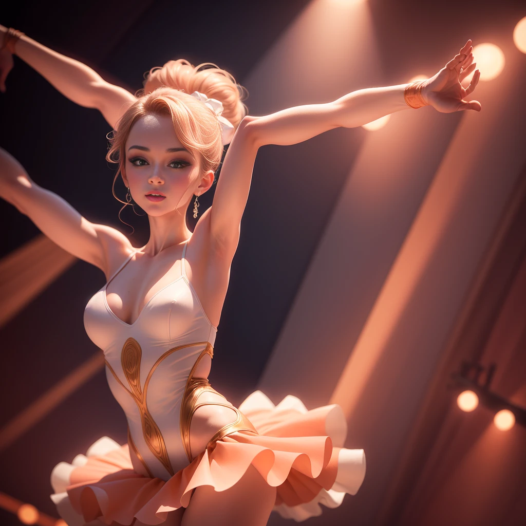 A glamorous ballet dancer, Full peach style, stylized anatomical, dance pose, de Biquini Branco, open arms, Biquini Branco, colored lights, palco de fundo com colored lights