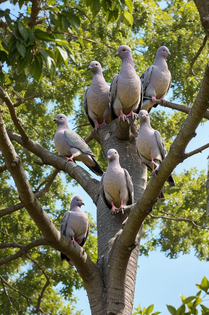Photo of ten pigeons sitting on a tree