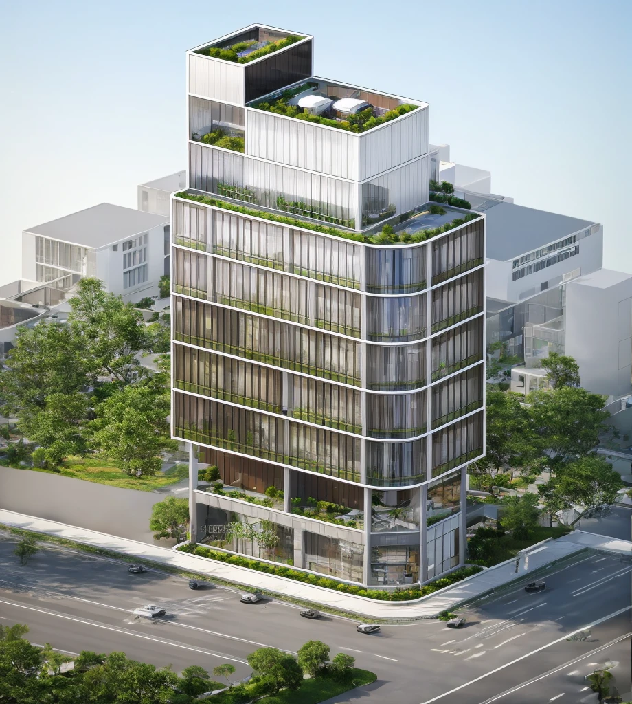 (masterpiece, best quality:1.2), rendering of a modern office building ,hotel, office building ,city landscape, white wall,