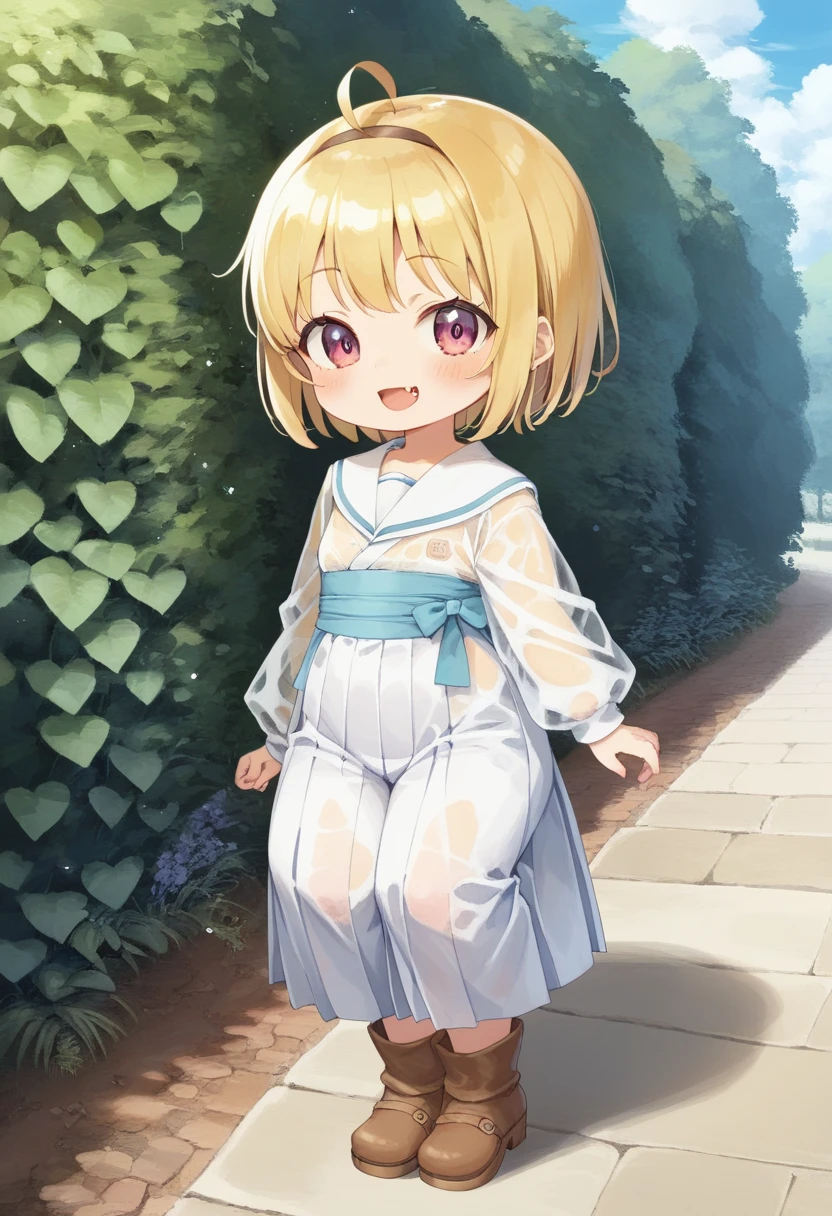 score_9, score_7_up, score_6_up, 1girl, source_cartoon, source_anime,breathtalking Scenery,watercolor,smooth soft skin, natural skin,rating_safe,bfg,mjm
BREAK
(little female child:1.8), (loli:1.8), 4 years old, (loli toddler:1.1),flat chest,baby face,oily skin, ultra cute face, happy smile,beautiful eyes, detailed eyes, puffy eyes,
BREAK
(short blond hair:1.6) messy hair,(fang:1.1), (pink eyes:1.1), highlight on eyes, antenna hair,double tooth,(blond hair:1.1),
BREAK
(long-sleeved kimono inspired white sailor uniform:1.1),(burberry check patterned hakama:1.5),wear a transparent material excessive long-sleeves over a white sailor uniform,(transparent material cape:1.1),(long hem coral brack hakama:1.5),sash,head band,(Leather ankle boots:1.3),
BREAK
kawaii,outdoors,flowergarden,flowerbackground,