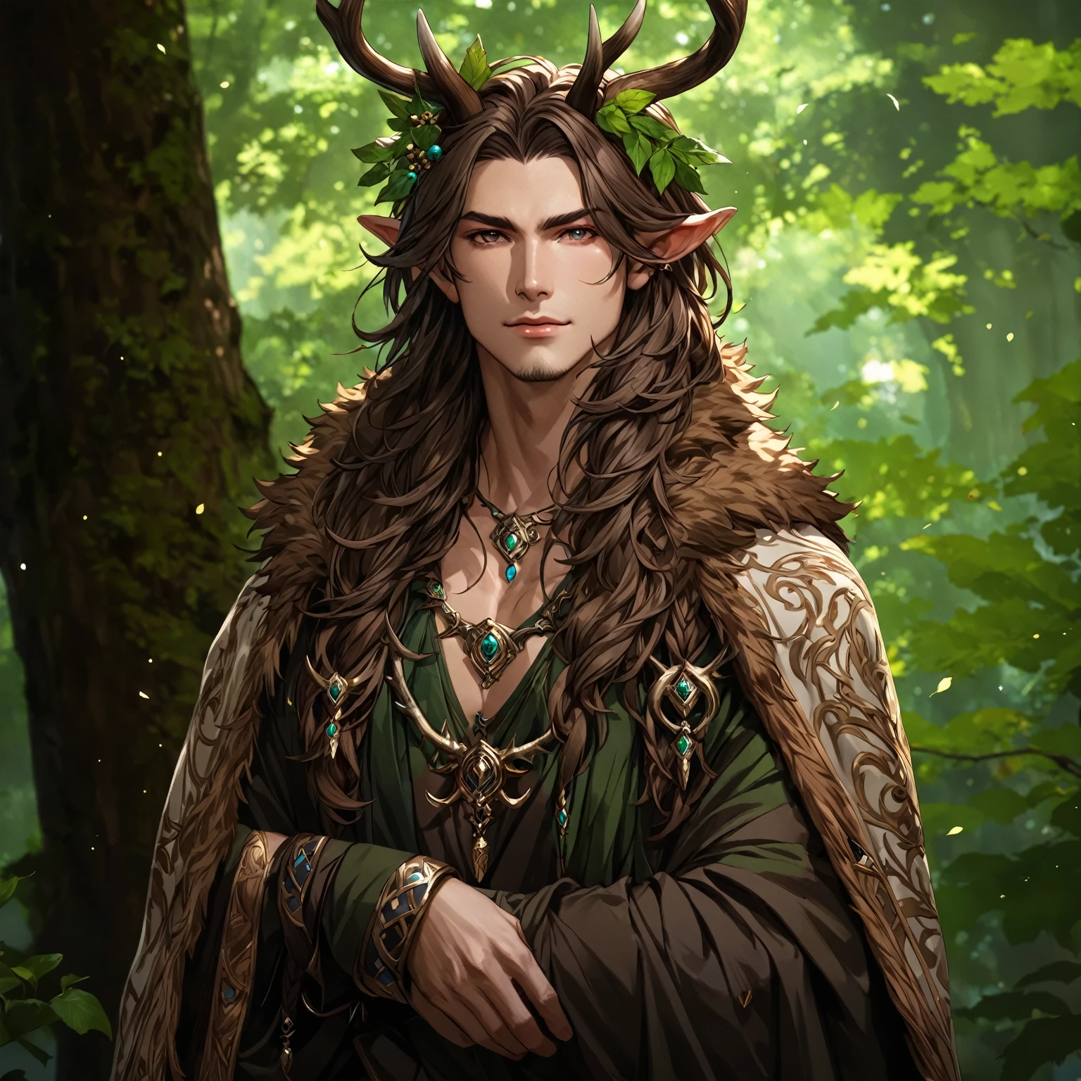 masterpiece, best quality, Fantasy aesthetics, Highly detailed, shadowverse style, male, druid, antler horn, druid