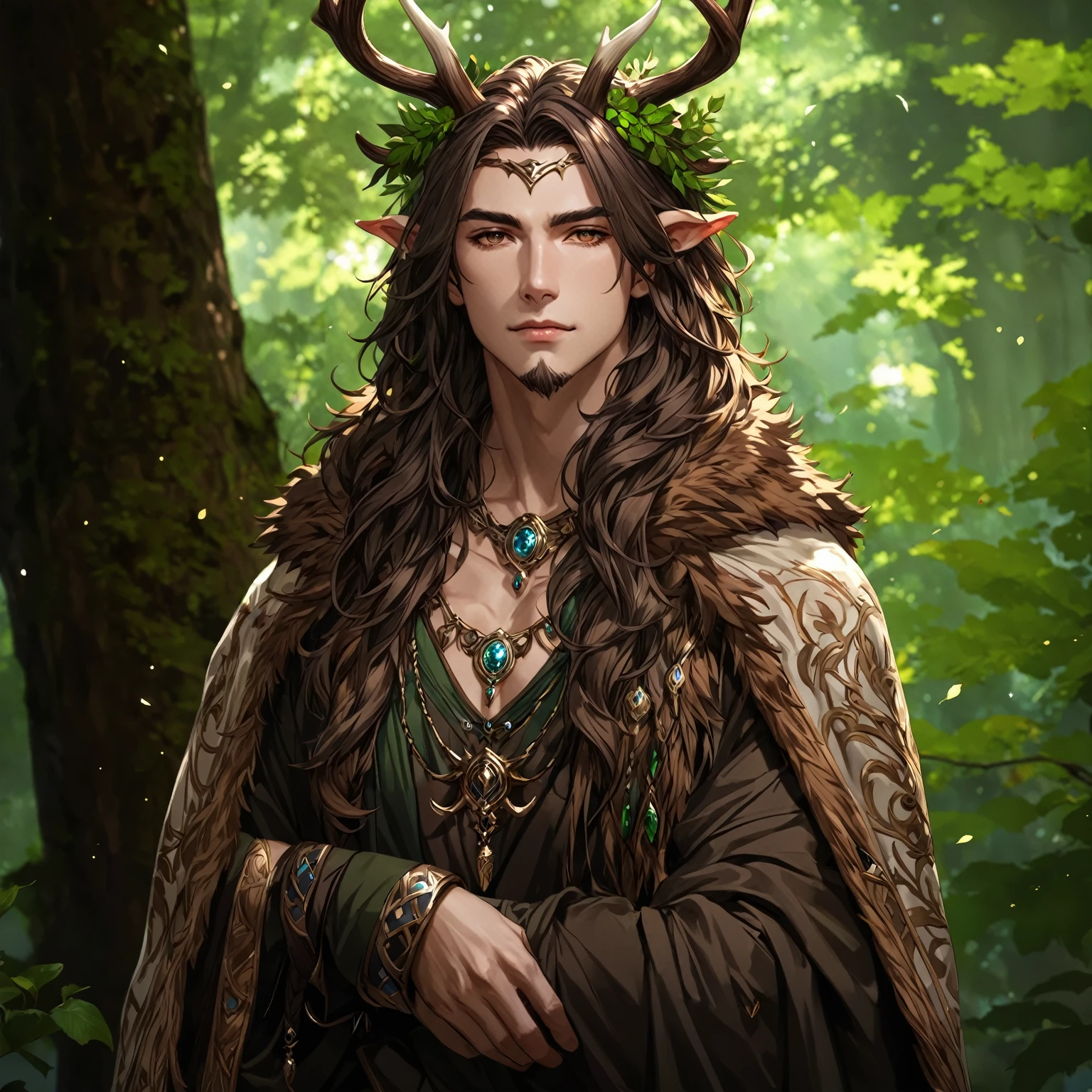 masterpiece, best quality, Fantasy aesthetics, Highly detailed, shadowverse style, male, druid, antler horn, druid