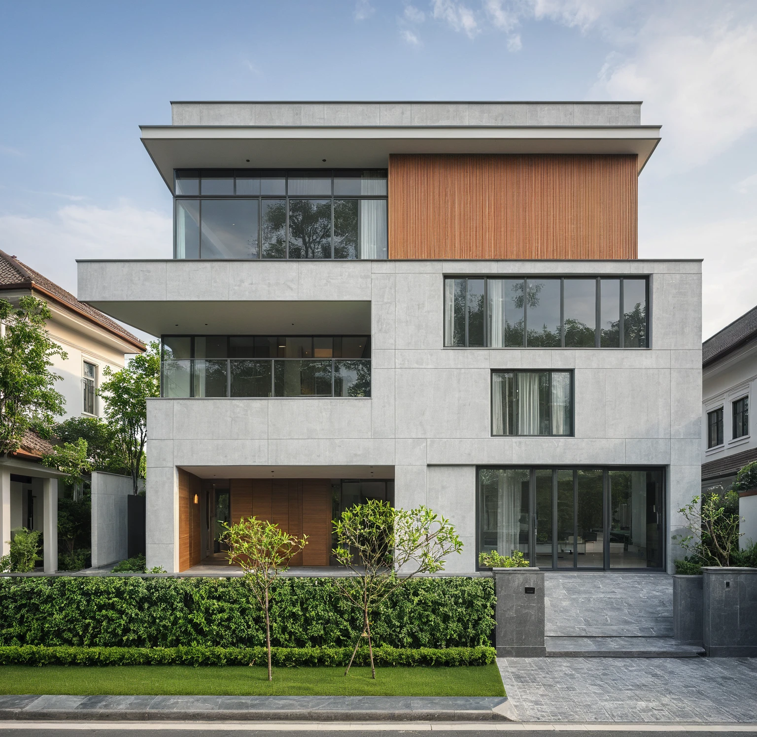modern villa on street, (daylight), tropical tree, green shrub and plants, vivid color, streetcapes, minimalist design, brigth grey tone, (large glass door:1.2), warm interior lighting, modern material, best quality, ultra realistic, masterpiece, 
