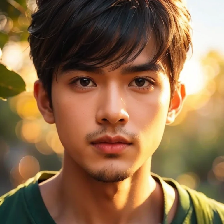 Close-up photo, A young Southeast Asian man with a round face., Short, cropped hair,black eyes,abdominal muscles, perfect body, outdoor, Warm light, The morning sun shines beautifully., (digital painting, HDR, high contrast), 3d, 8k, 45,000,000 pixcls, realistically,
