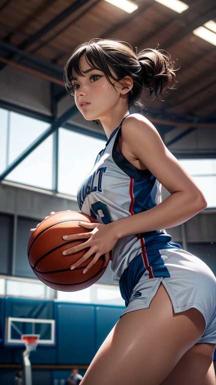 (The FW), 1womanl, Solo, 24 year old, (cute face), (Ideal ratio body proportions), Basketball court, Basketball Uniforms, (((Super close-up of ))), The costume is sheer, Wearing sweat, Wet, short-hair, Dark hair, , A slender, Small buttocks Legs, surrealism, Cinematic lighting, depth of fields, One-person viewpoint, F/1.8, 135 mm, nffsw, masutepiece, ccurate, Anatomically correct, Textured skin, Super Detail, high details, High quality, awardwinning, Best Quality, hight resolution, 8K