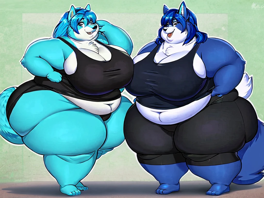 Malamute, female, long blue hair, black and blue body,huge breasts, huge hips, huge thighs, plump, voluptuous, morbidly obese, gorgeous, beautiful, eyelashes, black tank top, black shorts,fat arms, fat legs, belly rolls, fat rolls, hip fat rolls, double chin, chubby cheeks ,cyan hair,cyan fur, cyan eyes,pear-shapped figured, plantigrade, ,duo, lesbians