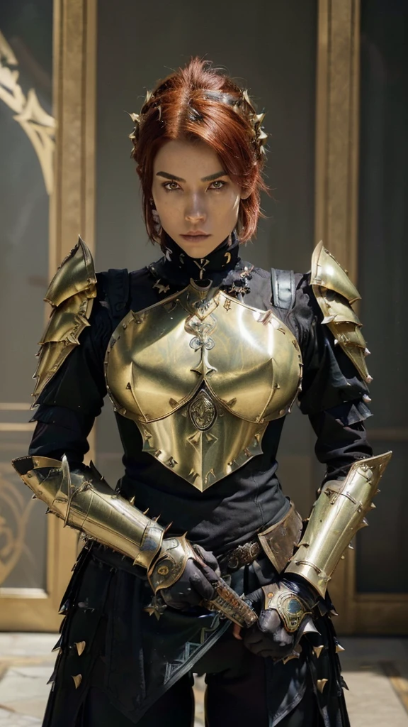 ((((((Man )))))Strong man wearing black leggings, spiky moawk hair, red-haired man, strong thin face, blue eyes, a close up of a woman in armor with a sword, stunning armor, wearing fantasy armor, very stylish fantasy armor, gold heavy armor. dramatic, beautiful armor, fantasy armor, black and gold armor, green gothic armor, wearing ornate armor, intricate armor costumes, female armor, ornate gothic armor, ornate , wearing louis vuitton armor, girl in knight armor helmet and yellow eyes and cybernetic armor with bright green lights illuminating the environment and golden shoulder armor and cybernetic gloves on his hands and yellow smoke coming out of the body and highly detailed RTX on Ray tracing 4k ultra HD atmospheric lighting
