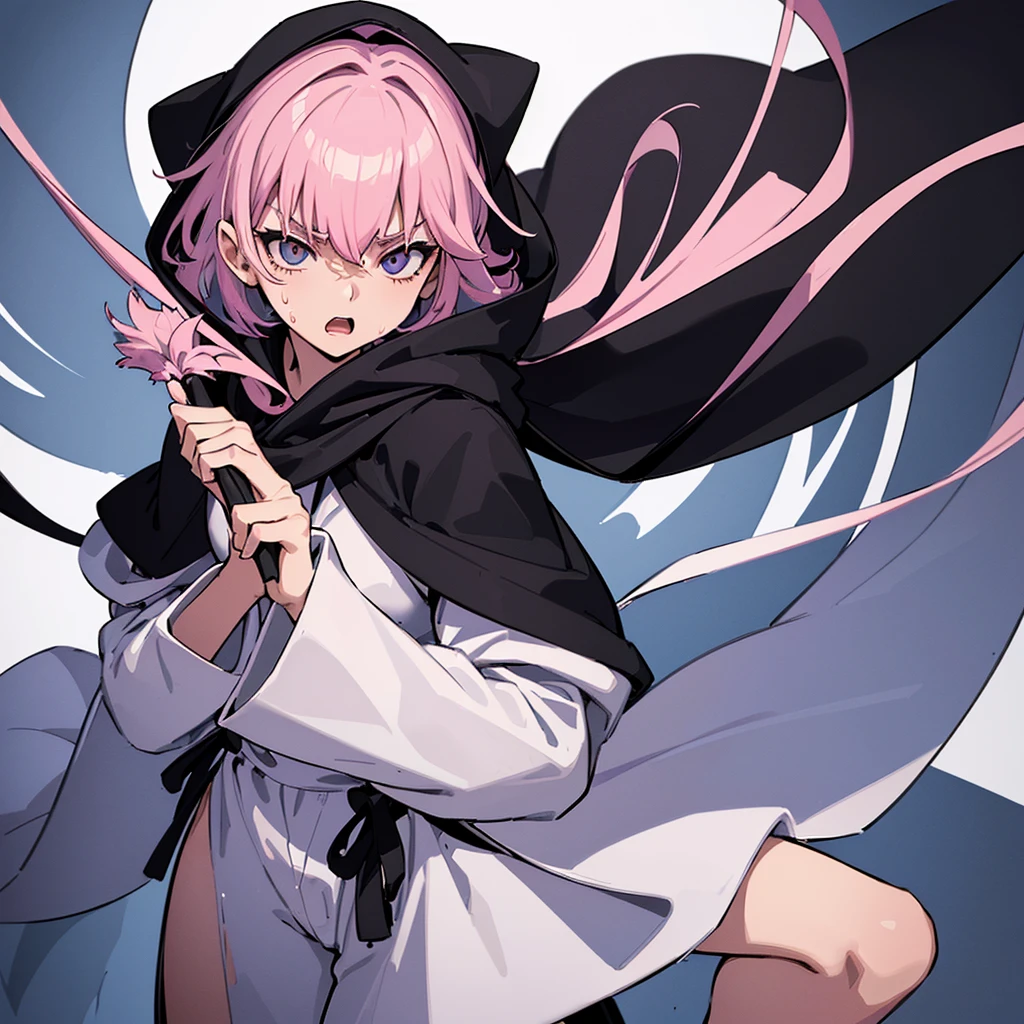 (((Solo)))、(whole body)、(From above at an angle)、Best illustrations、Best Quality、(23 years old)、(The same face:1.1),Medieval Fantasy,(White Background)、(Pink Hair、Very Short Hair、Align your bangs)、(((Wearing a black hood、Long sleeve、Black Robe、pants)))、Fighting stance、(get annoyed、Sweat、Open your mouth、Look at the top right)、Chased