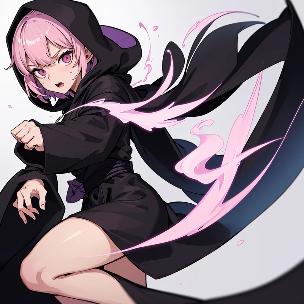 (((Solo)))、(whole body)、(From above at an angle)、Best illustrations、Best Quality、(23 years old)、(The same face:1.1),Medieval Fantasy,(White Background)、(Pink Hair、Very Short Hair、Align your bangs)、(((Wearing a black hood、Long sleeve、Black Robe、pants)))、Fighting stance、(get annoyed、Sweat、Open your mouth、Look at the top right)、Chased