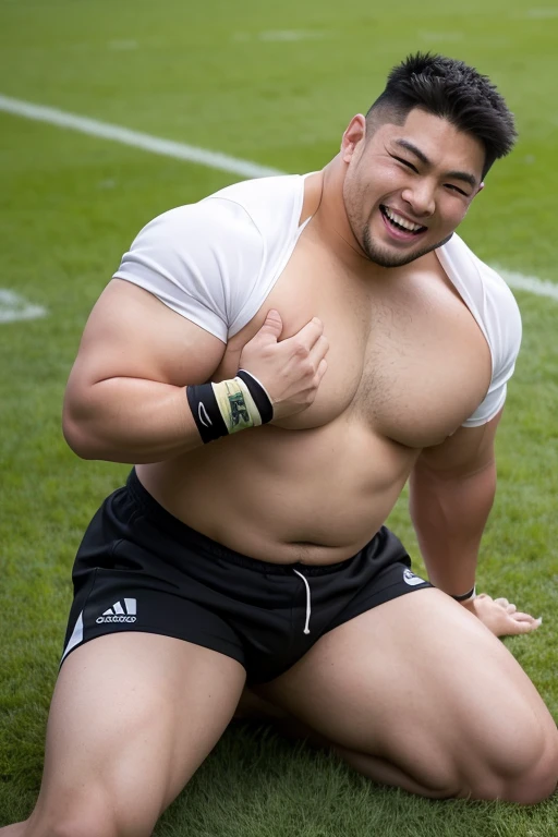 ((highest quality)), ((masterpiece)), (detailed), ((Perfect Face)), 4k, Shaved head, Young Japanese, Muscular, Fat body, Very big man, smile, ((showing off crotch)) A large Japanese man shirtless、whole body、Rugby player、Thick legs、Thick arm muscles、Intimidating、whole body、((wearing a very tight and very short black-shorts)), (shirtless)、((At the rugby field)), haka dance, (Sit on the grass and spread thighs wide)