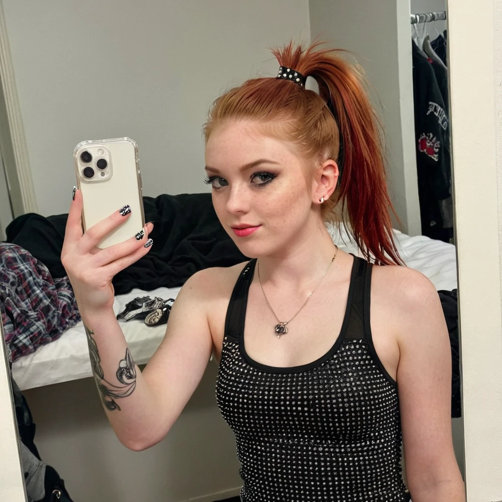 ************, ginger girl, punk rock style, punk rock make up, ponytail, iphone mirror selfie